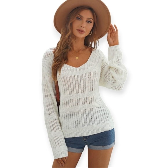 Pink Lily Sweaters - Pink Lily Women White Long Sleeve V Neck Loose Open Knit Sweater sz 2xl